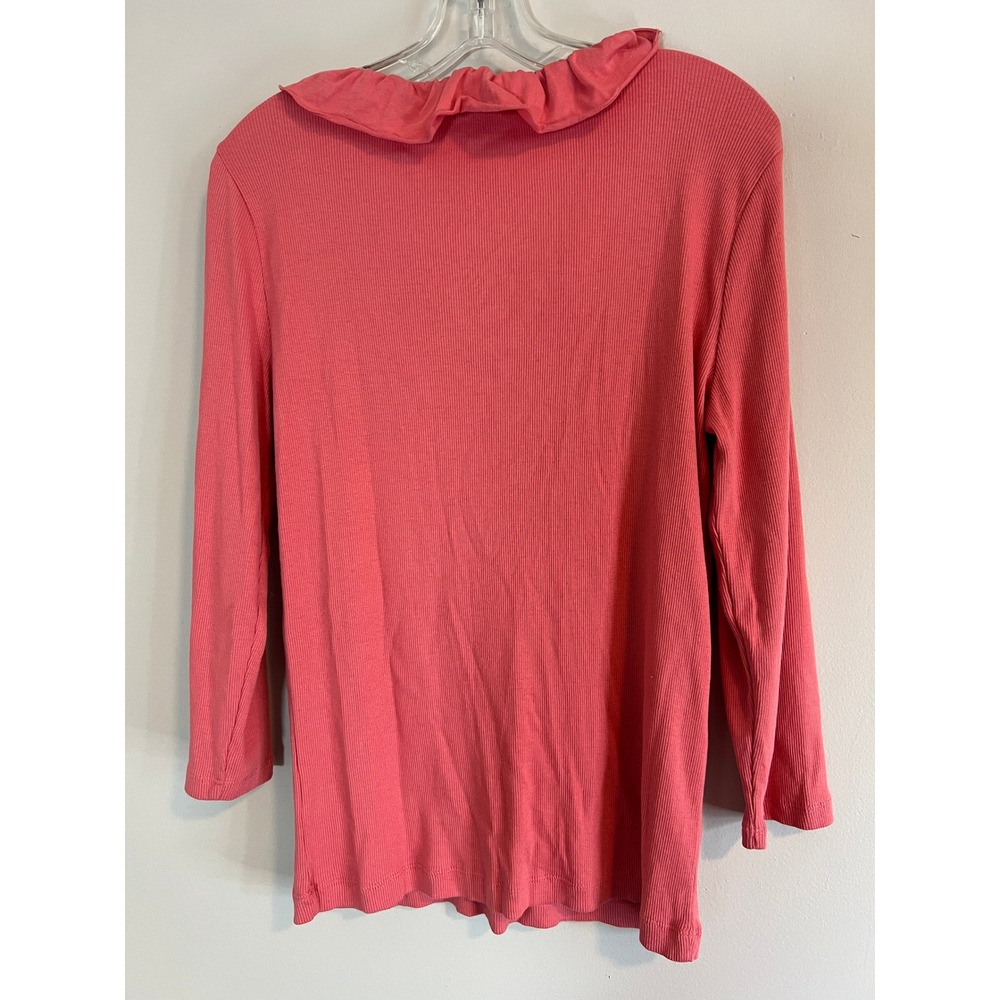 Chaps Denim Womens Coral Pink Ribbed Ruffle V-Neck 3/4 Sleeve Cotton Top Large - Picture 2 of 3